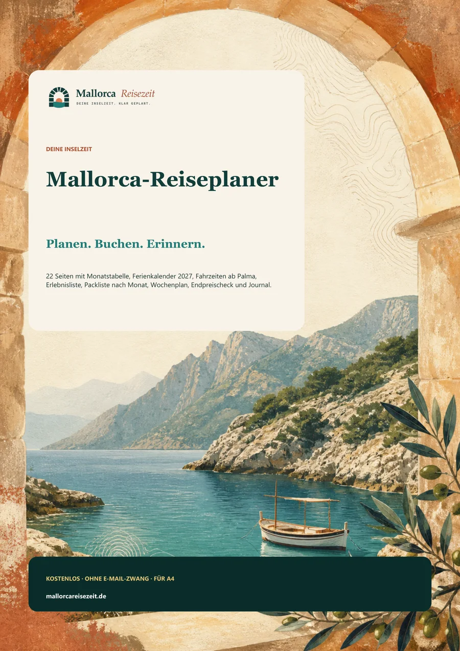 Titelseite des kostenlosen Mallorca-Reiseplaners mit einer mallorquinischen Bucht und einem traditionellen Boot